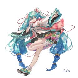 Rule 34 | 1girl, ankle boots, aqua hair, artist name, bad id, bad pixiv id, black footwear, blue eyes, blue flower, blue hair, blue rose, bobby socks, boots, braid, breasts, cable, cape, commentary, contrapposto, detached sleeves, dress, dress flower, feet up, floral dress, flower, full body, gradient hair, green flower, green rose, hair between eyes, hair flower, hair ornament, hairclip, hand up, happy, hatsune miku, highres, holding, holding microphone, long hair, low-tied long hair, low twin braids, magical mirai (vocaloid), magical mirai miku, magical mirai miku (2021), microphone, multicolored hair, open mouth, orange flower, orange rose, outstretched hand, pink flower, pink rose, purple flower, purple rose, qie, rose, shoes, short dress, simple background, sleeveless, sleeveless dress, small breasts, smile, socks, solo, standing, standing on one leg, twin braids, twintails, two-sided cape, two-sided fabric, very long hair, vocaloid, white background, white flower, white rose, white socks, wide sleeves, yellow flower, yellow rose