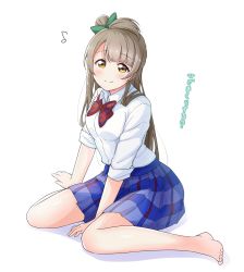 Rule 34 | 1girl, barefoot, between legs, blouse, blue skirt, blush, bow, bowtie, brown hair, collared shirt, commentary, full body, green bow, hair bow, hair tuft, hand between legs, highres, light brown hair, long hair, love live!, love live! school idol project, minami kotori, miniskirt, musical note, no jacket, otonokizaka school uniform, plaid, plaid skirt, red bow, satisfaction-zero, school uniform, shirt, shirt tucked in, simple background, sitting, skirt, sleeves rolled up, smile, solo, split mouth, striped, striped bow, tareme, translated, wariza, white background, white shirt, yellow eyes