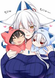 Rule 34 | 1boy, 2girls, :d, animal ears, baby, blush, blush stickers, breasts, commentary request, dated, fox ears, hair between eyes, heart, hood, hood up, horns, jacket, konshin, large breasts, long sleeves, multiple girls, one eye closed, open mouth, orange eyes, orie hakua, original, pajamas, purple jacket, ribbed sweater, signature, simple background, smile, sweater, upper body, white background, white hair
