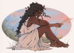 Rule 34 | 1girl, absurdres, ancient greek clothes, barefoot, border, briseis (mythology), brown hair, chiton, dark-skinned female, dark skin, full body, grass, greco-roman clothes, greek mythology, highres, holding wheat, long hair, on grass, on ground, outdoors, outside border, polartss, round border, signature, sitting, solo, the song of achilles, twilight, wavy hair, wheat, white background