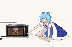 Rule 34 | 1girl, barefoot, blanket, blue bow, blue dress, blue eyes, blue hair, bow, breasts, brown footwear, character doll, cirno, collared shirt, doll, dress, flat chest, fumo (doll), hair bow, highres, ice, ice wings, long dress, microwave, neck ribbon, nvi2762, pinafore dress, puffy short sleeves, puffy sleeves, red ribbon, ribbon, shirt, shoes, short dress, short hair, short sleeves, simple background, sleeveless dress, small breasts, socks, solo, touhou, white background, white shirt, white socks, wings