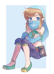 Rule 34 | 1boy, arabian clothes, armlet, bare shoulders, black pants, blonde hair, blue background, blue eyes, blue sleeves, blush, commentary request, crossed arms, detached sleeves, full body, gerudo set (zelda), green footwear, halterneck, harem pants, highres, invisible chair, jewelry, link, looking to the side, male focus, medium hair, midriff, mouth veil, navel, nintendo, pants, pointy ears, shoes, simple background, sitting, solo, the legend of zelda, the legend of zelda: breath of the wild, two-tone background, veil, white background, xox xxxxxx