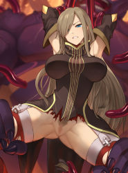 Rule 34 | 1girl, angry, armpits, arms behind head, arms up, blonde hair, blue eyes, blurry, blurry background, breasts, breasts apart, censored, cero320, claws, clenched teeth, colored skin, detached sleeves, elbow gloves, garter straps, gloves, gluteal fold, hair over one eye, highres, large breasts, leg grab, legs, long hair, looking at viewer, monster, mosaic censoring, no panties, pubic hair, purple skin, pussy, restrained, size difference, solo focus, spread legs, sweat, swept bangs, tales of (series), tales of the abyss, tear grants, teeth, thighhighs, thighs, torn clothes