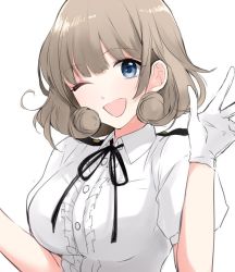 Rule 34 | 1girl, ;d, blue eyes, breasts, brown hair, center frills, collared shirt, dress shirt, female admiral (kancolle), frills, gloves, jpeg artifacts, kantai collection, looking at viewer, medium breasts, military, military uniform, morinaga miki, naval uniform, one eye closed, open mouth, shirt, short sleeves, smile, solo, uniform, upper body, white gloves, white shirt