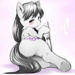 Rule 34 | blush, furry, furry female, koishi chikasa, long hair, looking at viewer, looking back, my little pony, my little pony: friendship is magic, octavia melody, purple eyes, solo, treble clef