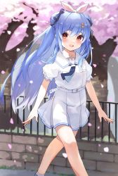 Rule 34 | 1girl, :d, absurdres, blue hair, carrot hair ornament, cherry blossoms, double bun, dress, fence, food-themed hair ornament, hair bun, hair ornament, highres, hololive, long hair, looking at viewer, open mouth, outdoors, red eyes, riafel, short eyebrows, short sleeves, smile, solo, teeth, tree, upper teeth only, usada pekora, usada pekora (casual), virtual youtuber, walking, white dress
