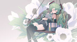 Rule 34 | 1girl, black skirt, black sleeves, black thighhighs, box, breasts, closed eyes, closed mouth, collared shirt, commentary, detached sleeves, facing viewer, feet out of frame, flower, gift, gift box, green hair, green necktie, grey background, grey shirt, hair between eyes, hatsune miku, highres, long hair, long sleeves, medium breasts, necktie, omurice (304975636), own hands together, pleated skirt, shirt, simple background, skirt, smile, solo, thighhighs, tie clip, twintails, very long hair, vocaloid, white flower, wide sleeves