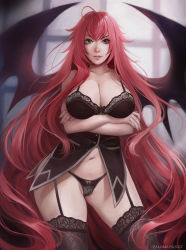 Rule 34 | 1girl, adapted costume, ahoge, arms under breasts, artist name, bat wings, black bra, black panties, black thighhighs, blurry, blurry background, bra, breast hold, breasts, cleavage, commentary, crossed arms, demon, demon girl, demon wings, depth of field, english commentary, female focus, garter straps, grey eyes, high school dxd, large breasts, legs apart, long hair, looking at viewer, navel, paloma piquet, panties, parted lips, rias gremory, solo, standing, thighhighs, underwear, very long hair, wavy hair, wings