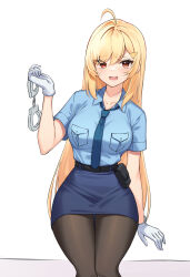 Rule 34 | 1girl, absurdres, ahoge, belt, black pantyhose, blonde hair, blue shirt, blue skirt, breast pocket, breasts, collared shirt, cuffs, gloves, hair ornament, hairclip, hand up, handcuffs, highres, holding, jingburger, large breasts, long hair, looking at viewer, miniskirt, necktie, open mouth, pantyhose, pencil skirt, pocket, police, police uniform, policewoman, red eyes, shirt, shirt tucked in, short sleeves, simple background, sitting, skirt, smile, solo, uniform, very long hair, virtual youtuber, waktaverse, white background, white gloves, ziro (zirorong)