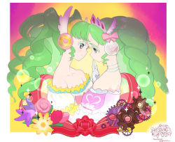 Rule 34 | 2girls, bare shoulders, bow, colored eyelashes, dress, drill hair, dual persona, falulu, finger to mouth, flower, gears, green hair, grey eyes, hairband, headband, jewelry, long hair, looking at another, moudoku (decopon3rd), multiple girls, multiple persona, necklace, pearl necklace, pretty series, pripara, ribbon, simple background, tiara, twintails, winged hairband