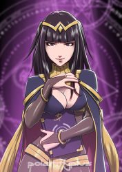 Rule 34 | 1girl, black hair, black nails, blunt bangs, bodystocking, book, breasts, bridal gauntlets, cape, circlet, cleavage, contrapposto, fire emblem, fire emblem awakening, hime cut, jewelry, light smile, long hair, looking at viewer, magic circle, md5 mismatch, medium breasts, nail polish, nintendo, polarityplus, purple eyes, ring, shoulder pads, smile, solo, standing, tharja (fire emblem), tiara, two side up, upper body