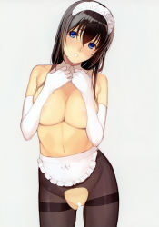 Rule 34 | 1girl, absurdres, apron, bar censor, blue eyes, blush, breasts squeezed together, breasts, brown hair, censored, contrapposto, covering privates, covering nipples, cowboy shot, crotchless, detached collar, elbow gloves, gloves, grey background, head tilt, highres, idolmaster, idolmaster cinderella girls, large breasts, long hair, looking at viewer, maid, maid headdress, mibu natsuki, navel, non-web source, nude, pantyhose, parted lips, sagisawa fumika, scan, simple background, solo, standing, thighband pantyhose, torn clothes, torn pantyhose, waist apron, white gloves, wing collar