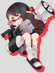 Rule 34 | 1girl, absurdres, bandaid, bandaid on knee, bandaid on leg, black footwear, black hair, blush, closed mouth, colored shadow, commentary request, drop shadow, full body, gradient hair, grey background, grey skirt, gun, hand up, highres, holding, holding gun, holding weapon, index finger raised, inkling, inkling girl, inkling player character, knees up, long hair, looking at viewer, mini splatling (splatoon), multicolored hair, nintendo, pleated skirt, pointy ears, red eyes, red hair, sahata saba, sandals, shadow, short eyebrows, signature, simple background, skirt, smile, socks, solo, splatoon (series), swept bangs, tentacle hair, thick eyebrows, weapon, white socks