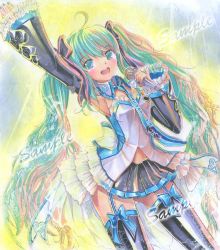 Rule 34 | 1girl, ahoge, bow, dated, detached sleeves, garter straps, hair bow, hatsune miku, headphones, long hair, mayo riyo, microphone, nail polish, necktie, open mouth, sample watermark, solo, thighhighs, twintails, very long hair, vocaloid, watermark