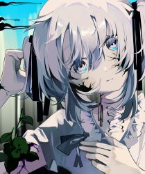 Rule 34 | 1girl, adjusting hair, black eyes, black ribbon, blue background, blue eyes, blush, closed mouth, collar, dot nose, expressionless, flat chest, frilled collar, frills, grey hair, grey shirt, hair between eyes, hair ribbon, hand on own chest, head tilt, highres, long bangs, long hair, looking at viewer, original, ribbon, shirt, short sleeves, short twintails, sidelocks, solo, straight-on, toasu, twintails, two-tone eyes, upper body
