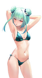 Rule 34 | 1girl, :o, armpits, arms behind head, arms up, bare arms, bare shoulders, bikini, breasts, colored tips, contrapposto, cowboy shot, double bun, fang, gluteal fold, green bikini, green hair, groin, hair bun, highres, hololive, looking at viewer, medium breasts, multicolored hair, navel, parted lips, rable, red eyes, short hair, side-tie bikini bottom, simple background, solo, standing, stomach, string bikini, swimsuit, thighs, uruha rushia, virtual youtuber, white background