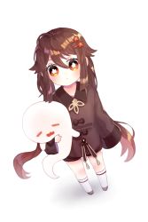 Rule 34 | 1girl, absurdly long hair, aged down, ahoge, black footwear, black shorts, brown hair, carrying, chinese clothes, commentary request, dot nose, from above, full body, genshin impact, ghost, hair between eyes, hair ornament, hairclip, highres, hu tao (genshin impact), kneehighs, long hair, long sleeves, looking at viewer, looking up, miyako draw, orange eyes, parted lips, shoes, shorts, sidelocks, simple background, socks, symbol-shaped pupils, twintails, very long hair, white background, white socks, wide sleeves