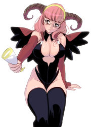 Rule 34 | 1girl, bad id, bad pixiv id, black thighhighs, breasts, chalice, cleavage, cup, demon girl, glasses, horns, kouno (masao), large breasts, long hair, pink eyes, pink hair, solo, thighhighs, wings