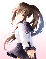 Rule 34 | 1girl, ahoge, arms behind back, black sailor collar, black skirt, blush, brown hair, commentary request, cowboy shot, from behind, gradient background, hair between eyes, hair ornament, hairclip, long hair, long sleeves, looking at viewer, looking back, original, own hands together, parted lips, pink background, ponytail, red eyes, red neckwear, sailor collar, school uniform, see-through, serafuku, shiro kuma shake, shirt, sidelocks, skirt, solo, star (symbol), star hair ornament, very long hair, white background, white shirt