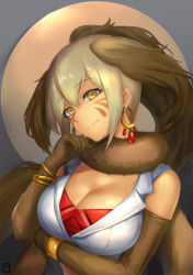 Rule 34 | 10s, 1girl, arm under breasts, bad id, bad pixiv id, bare shoulders, breasts, brown gloves, brown hair, cleavage, closed mouth, commentary request, crop top, cropped shirt, earrings, elbow gloves, facial mark, fur scarf, gloves, grey hair, hand to own mouth, hand up, head tilt, high ponytail, hoop earrings, jewelry, kemono friends, large breasts, light smile, long hair, looking at viewer, multicolored hair, north island giant moa (kemono friends), ponytail, scarf, shirt, sidelocks, sleeveless, sleeveless shirt, smile, solo, tamamushi, two-tone hair, upper body, yellow eyes