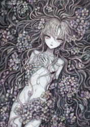 Rule 34 | 1girl, amputee, commentary request, completely nude, cracked skin, doll, flat chest, flower, grey hair, hair spread out, hand on own chest, highres, long hair, looking at viewer, lying, navel, nude, on back, original, pale skin, parted lips, severed arm, severed limb, smile, sumire shisei, very long hair, wavy hair, yellow eyes
