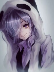 Rule 34 | 1boy, androgynous, black vest, closed mouth, collared shirt, eyelashes, grey background, hair over one eye, headwear with attached mittens, highres, inga, long sleeves, looking at viewer, male focus, nini tlac, panda hat, purple eyes, purple shirt, realistic, shirt, short hair, smile, solo, un-go, upper body, vest