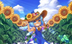 Rule 34 | 1girl, blue bow, blue dress, blue eyes, blue hair, blue sky, bow, bowtie, brown hat, cirno, cloud, collar, collared dress, colored eyelashes, dress, fairy, fairy wings, field, flower, flower brooch, flower field, game cg, hands on headwear, hat, hat bow, hat flower, ice, ice wings, leaf, looking at viewer, merengue samurai, official art, open mouth, outdoors, plant, purple flower, red bow, red bowtie, red flower, short dress, short hair, sky, sleeveless, sleeveless dress, smile, solo, summer, sun hat, sunflower, sunflower field, sunlight, tan, tanned cirno, teeth, touhou, touhou cannonball, triangle print, v-shaped eyebrows, vines, white collar, white flower, white trim, wings, yellow flower