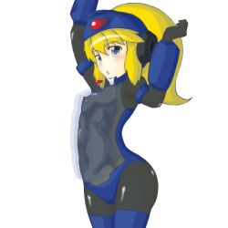 Rule 34 | 1girl, abs, arms up, blonde hair, blue eyes, blush, bodysuit, cameltoe, covered erect nipples, esan (llamaesan), female focus, flat chest, helmet, latex, ponytail, rokko-chan, rokko-chan (character), simple background, solo, thighhighs, white background