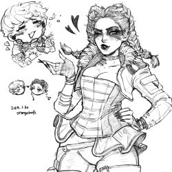 Rule 34 | 2girls, animification, apex legends, bodysuit, braid, breasts, chibi, chibi inset, chinese commentary, cleavage, closed eyes, cropped jacket, dated, disembodied head, eyeshadow, fingerless gloves, fur-trimmed jacket, fur trim, gloves, greyscale, hair behind ear, hand on own hip, heart, highres, jacket, loba (apex legends), loba de tianxin xiao gao, long hair, looking at viewer, makeup, medium breasts, miniskirt, mole, mole under mouth, monochrome, multiple girls, one eye closed, open hand, pants, parted lips, shirt, short hair, skirt, smile, strapless, strapless shirt, twin braids, valkyrie (apex legends), yuri