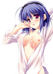 Rule 34 | 1girl, absurdres, ahoge, armpits, blouse, bottomless, breast pocket, breasts, breasts apart, cleavage, collared shirt, dress shirt, embarrassed, from side, hair between eyes, hairband, head tilt, hello good-bye, highres, moekibara fumitake, nipple slip, nipples, no bra, open clothes, open mouth, open shirt, pocket, saotome suguri, see-through, sexually suggestive, shirt, simple background, solo, standing, suggestive fluid, toothbrush, toothpaste, white background, white shirt