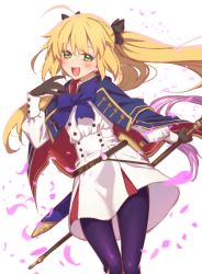 Rule 34 | 1girl, ahoge, artoria caster (fate), artoria caster (second ascension) (fate), artoria pendragon (fate), black gloves, blonde hair, blue capelet, blue pantyhose, blush, breasts, capelet, dress, fate/grand order, fate (series), gloves, green eyes, highres, long hair, long sleeves, looking at viewer, mitsurugi sugar, no headwear, open mouth, pantyhose, petals, sheath, simple background, smile, staff, sword, twintails, unworn headwear, weapon, white background, white dress