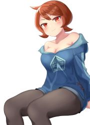 Rule 34 | 1girl, absurdres, ahoge, arezu (pokemon), bare shoulders, blush, breasts, brown hair, cleavage, closed mouth, collarbone, commentary request, creatures (company), diamond clan outfit, game freak, grey pantyhose, highres, kajitsu no hito, large breasts, long sleeves, looking at viewer, nintendo, pantyhose, pantyhose under shorts, pokemon, pokemon legends: arceus, red eyes, shiny skin, short hair, shorts, simple background, sitting, skin tight, smile, solo, white background