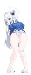 Rule 34 | 1girl, ass, blue archive, blue hoodie, casual, clothes lift, from behind, full body, gogoco, grey halo, halo, highres, hood, hoodie, hoodie lift, knees together feet apart, long hair, looking at viewer, looking back, miyako (blue archive), miyako (young) (blue archive), official alternate costume, one side up, panties, purple eyes, slippers, standing, striped clothes, striped panties, underwear, white hair, white panties