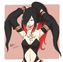 Rule 34 | 1girl, armpits, arms behind head, arms up, bare shoulders, black hair, blue eyes, breasts, cleavage, crow (gravity daze), detached sleeves, female focus, gravity daze, gravity daze 2, hair over one eye, long hair, medium breasts, multicolored hair, navel, ponytail, red hair, solo, two-tone hair