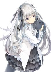 Rule 34 | 1girl, ahoge, black ribbon, closed mouth, collared shirt, cucchiore, dress shirt, grey eyes, grey skirt, grey thighhighs, hair between eyes, hair ribbon, highres, jacket, kasugano sora, layered skirt, long hair, long sleeves, looking at viewer, hugging object, open clothes, open jacket, plaid, plaid skirt, pleated skirt, ribbon, shirt, silver hair, simple background, skirt, solo, stuffed animal, stuffed rabbit, stuffed toy, thighhighs, twintails, very long hair, white background, white jacket, white shirt, yosuga no sora