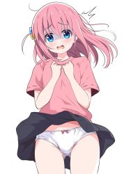 Rule 34 | 1girl, black skirt, blue eyes, blush, bocchi the rock!, borgbutler, bow, bow panties, clenched hands, commentary, cowboy shot, cube hair ornament, gluteal fold, gotoh hitori, hair between eyes, hair ornament, hands up, highres, long hair, looking at viewer, open mouth, panties, pink hair, pink shirt, shirt, short sleeves, side ahoge, skirt, solo, surprised, t-shirt, thighs, underwear, white background, white panties, wind
