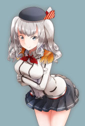 Rule 34 | 10s, 1girl, anchor, beret, blue eyes, breast hold, breasts, comah, crossed arms, epaulettes, female focus, gloves, hat, kantai collection, kashima (kancolle), large breasts, leaning forward, long hair, looking at viewer, military, military uniform, miniskirt, pleated skirt, silver hair, skirt, smile, solo, twintails, uniform, wavy hair, white gloves