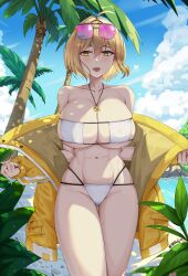 Rule 34 | 1girl, absurdres, ahoge, anis (nikke), anis (sparkling summer) (nikke), bare shoulders, bikini, blonde hair, blue sky, breasts, cloud, commentary, cowboy shot, day, eyepatch bikini, goddess of victory: nikke, grayfoxpochi, groin, highres, huge breasts, jacket, jewelry, long sleeves, looking at viewer, navel, off shoulder, open clothes, open jacket, open mouth, outdoors, palm tree, pendant, short hair, sky, solo, standing, stomach, sunglasses, swimsuit, thighs, tinted eyewear, tree, white bikini, yellow eyes, yellow jacket