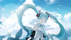 1girl absurdres ahoge aqua_hair aqua_necktie backlighting bare_shoulders bird black_skirt black_sleeves blurry blurry_foreground closed_eyes cloud detached_sleeves floating_hair grey_shirt hair_ornament hatsune_miku headphones highres long_hair necktie open_mouth outdoors pale_skin resolution_mismatch shirt skirt sky sleeveless sleeveless_shirt smile solo source_larger staff_(music) twintails upper_body very_long_hair vocaloid yurun_(yurun_ume)