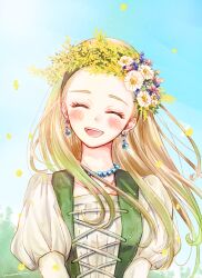 1girl bead_necklace beads blonde_hair blue_sky closed_eyes commentary_request cross-laced_clothes cross-laced_dress day dragon_quest dragon_quest_xi dress earrings falling_petals floating_hair flower flower_request green_dress green_hairband hair_flower hair_ornament hair_pulled_back hairband hcomoch_(mochizaki) head_tilt head_wreath highres jewelry juliet_sleeves long_hair long_sleeves necklace open_mouth outdoors petals puffy_sleeves senya_(dq11) sky smile solo sphere_earrings upper_body white_flower yellow_flower yellow_petals