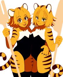 Rule 34 | 2girls, black leotard, black thighhighs, breasts, cleavage, copyright request, flat color, fork, furry, furry female, highres, holding, holding fork, holding knife, knife, leotard, looking at viewer, medium breasts, medium hair, multiple girls, open mouth, orange eyes, orange hair, oversized object, pixelatedcrown, simple background, smile, tail, thighhighs, tiger girl, tiger tail, white background