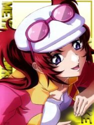 Rule 34 | 00s, casual, character name, from side, gundam, gundam seed, gundam seed destiny, hat, jpeg artifacts, lowres, meyrin hawke, purple eyes, red hair, solo, white hat