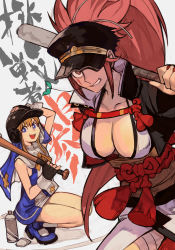 Rule 34 | 1boy, 1girl, amputee, baiken, banchou, baseball bat, baseball helmet, blonde hair, blue eyes, breasts, bridget (guilty gear), cleavage, clenched teeth, collarbone, delinquent, facial mark, fingerless gloves, gloves, guilty gear, guilty gear strive, guilty gear xrd, guilty gear xx, habit, helmet, holding, hungry clicker, large breasts, long hair, looking at viewer, mouth hold, nun, open mouth, pink hair, ponytail, rope, sash, smile, squatting, stalk in mouth, teeth, trap