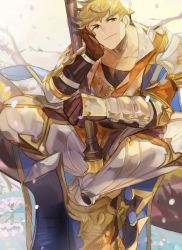 Rule 34 | 1boy, armor, blonde hair, blush, gloves, granblue fantasy, green eyes, hand on own cheek, hand on own face, highres, holding, holding weapon, leather, looking at viewer, male focus, muscular, natsuko (summer 525528), pectorals, polearm, simple background, sitting, smile, solo, toned, toned male, upper body, vambraces, vane (granblue fantasy), weapon
