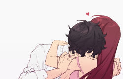 Rule 34 | 1boy, 1girl, alternate costume, amamiya ren, bare shoulders, black hair, blush, buttons, closed eyes, collared shirt, couple, from behind, heart, hetero, highres, holding another&#039;s arm, hug, jacket, kiss, kissing neck, lingerie, long hair, messy hair, off shoulder, open clothes, open jacket, persona, persona 5, persona 5 the royal, red hair, shirt, short hair, simple background, sleeveless, tsubsa syaoin, underwear, white background, white jacket, yoshizawa sumire