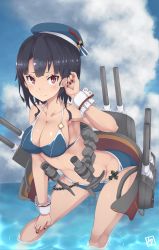 Rule 34 | 10s, 1girl, bikini, black hair, breasts, cleavage, day, hat, highres, kantai collection, large breasts, mku, red eyes, short hair, sky, solo, swimsuit, takao (kancolle), weapon, wrist cuffs
