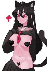 Rule 34 | 1girl, animal ears, bbizim03, black hair, black skirt, blush, breasts, cat ears, cat girl, cat tail, choker, closed mouth, clothes lift, grey sailor collar, hair between eyes, heart, heart pasties, highres, large breasts, lifted by self, long hair, maebari, neckerchief, original, pasties, pleated skirt, red eyes, red neckerchief, sailor collar, school uniform, serafuku, simple background, skirt, sleeves past fingers, sleeves past wrists, solo, sweat, tail, very long hair, wavy mouth, white background