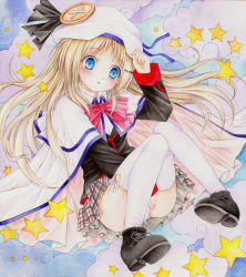 Rule 34 | 1girl, biglove, blonde hair, blue eyes, bow, bowtie, cape, cloud, hat, little busters!, long hair, noumi kudryavka, open mouth, plaid, plaid skirt, skirt, solo, star (symbol), thighhighs