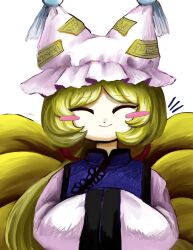 Rule 34 | 1girl, animal ear headwear, blonde hair, blue tabard, blush stickers, closed eyes, closed mouth, commentary, dress, facing viewer, fake animal ears, foul detective satori, fox tail, frilled hat, frills, hands in opposite sleeves, hat, high collar, highres, long hair, long sleeves, mob cap, multiple tails, ofuda, ofuda on clothes, parted bangs, simple background, smile, solo, straight-on, tabard, tail, tassel, touhou, upper body, white background, white dress, wide sleeves, yakumo ran, yakumora n, zun (style)