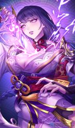 Rule 34 | 1girl, box (hotpppink), braid, breasts, bridal gauntlets, cleavage, flower, genshin impact, hair ornament, highres, japanese clothes, kimono, large breasts, long hair, mole, mole under eye, purple background, purple eyes, purple flower, purple hair, raiden shogun, ribbon, sash, solo